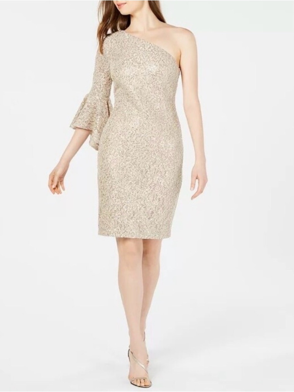 NWT Calvin Klein One-Shoulder Metallic Sequin Cocktail Dress - Gold Size 10
